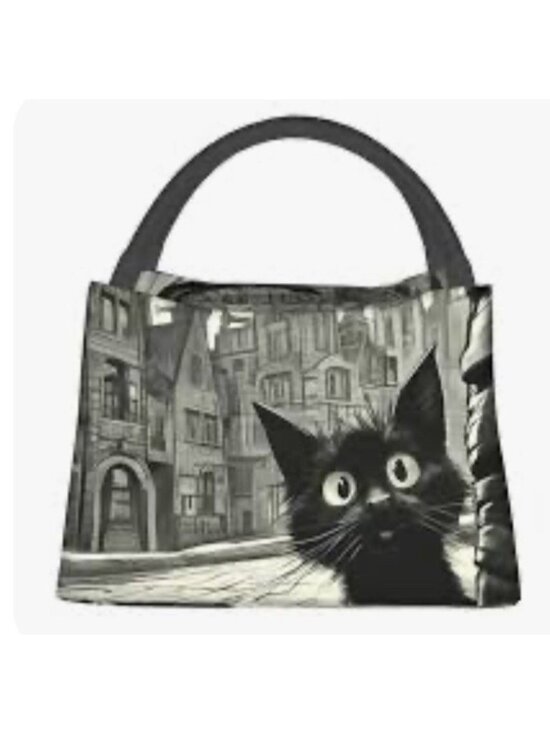 Unbranded Handbags - Black Cat Big Eyes Lunch Tote Bag Insulated Double Handles Zips New